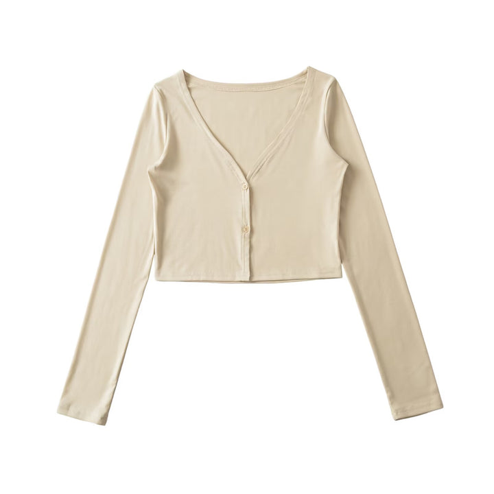 Damen Cropped Jersey-Cardigan mit tiefem V-Ausschnitt und schmaler Knopfleiste Echoarchiv