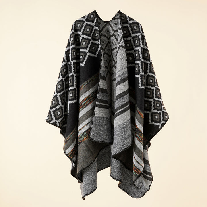 Damen Wollmix-Cape mit reversibler Double-Face-Webung und geometrischem Blockmuster Echo Archiv