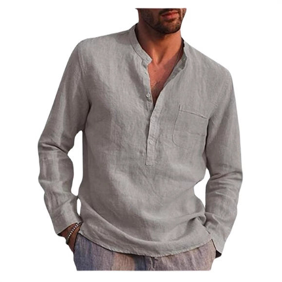 Herren Leinenhemd mit klassischem Henley-Ausschnitt und Brusttasche Echoarchiv