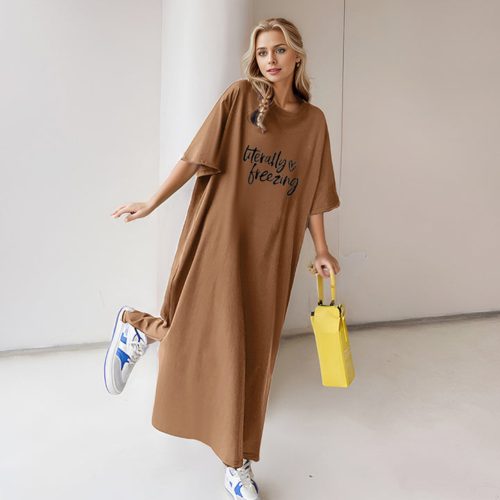 Damen locker geschnittenes Maxikleid mit großem Herzgrafikprint und Rundhalsausschnitt – Valéora