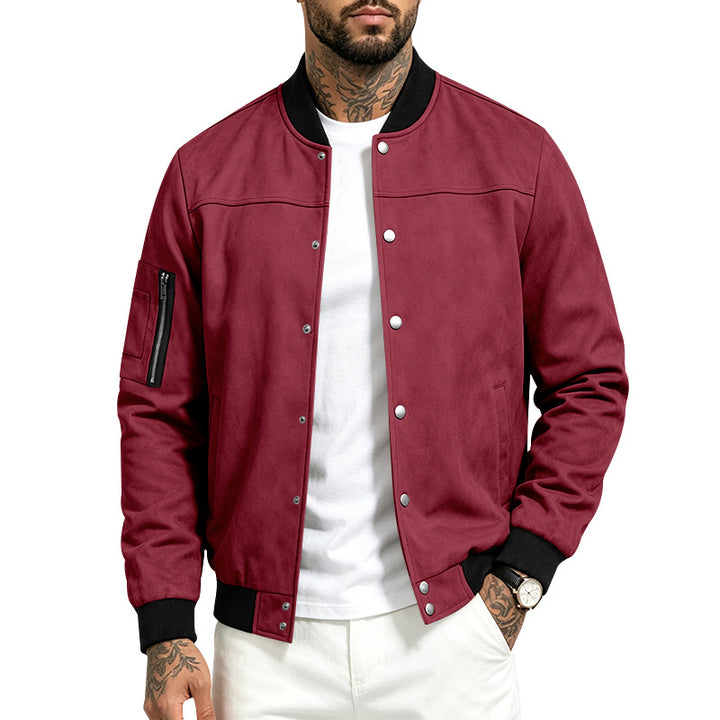 Herren Veloursleder‑Optik Bomberjacke mit Druckknopfleiste, Ärmeltasche und Rippbündchen – Brevano