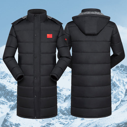 Herren langer gesteppter Thermo-Steppmantel mit Kapuze Schulterklappen und verdeckter Druckknopfleiste – Montevé