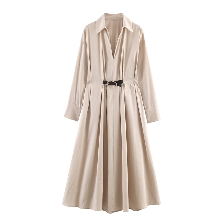 Damen Langärmeliges Hemdblusenkleid mit weitem Faltenrock und Taillengürtel Echo Archiv