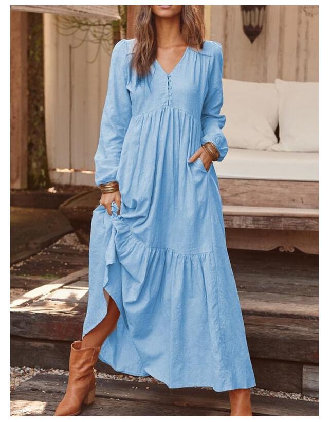 Damen nan luftiges Maxikleid mit V-Ausschnitt, Langarm und Eingrifftaschen Echo Archiv