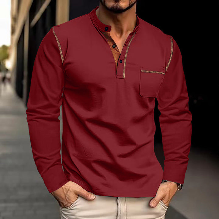 Herren Langarm-Henley-Shirt mit modernem Kragen und praktischer Brusttasche Echoarchiv