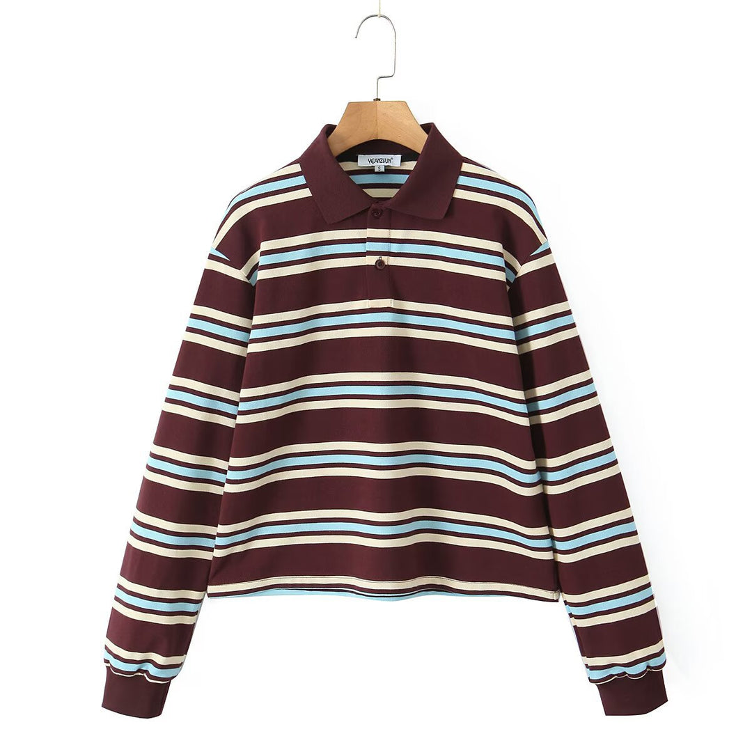Damen Lässiges Langarm-Poloshirt mit Streifenmuster und Rippbündchen Echo Archiv