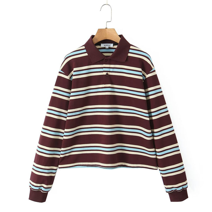 Damen Lässiges Langarm-Poloshirt mit Streifenmuster und Rippbündchen Echo Archiv
