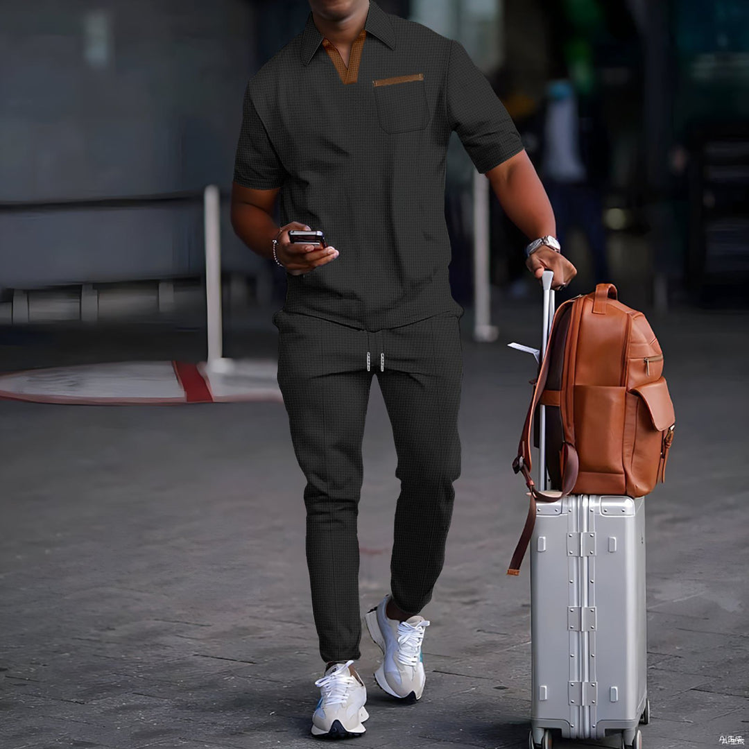 Herren nan lässiges Freizeitset aus elastischem Jersey mit V-Ausschnitt Brusttasche und Kordelbund Echo Archiv