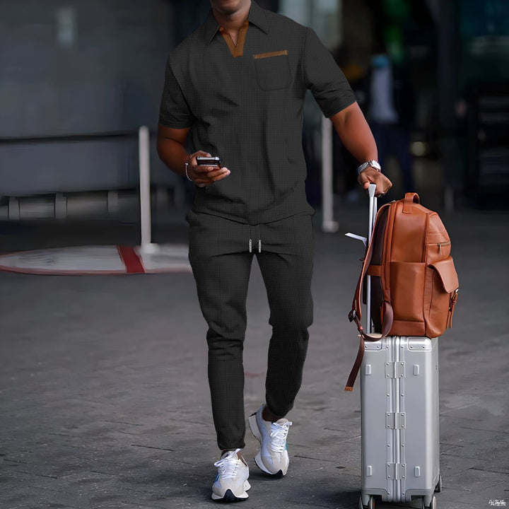 Herren nan lässiges Freizeitset aus elastischem Jersey mit V-Ausschnitt Brusttasche und Kordelbund Echo Archiv
