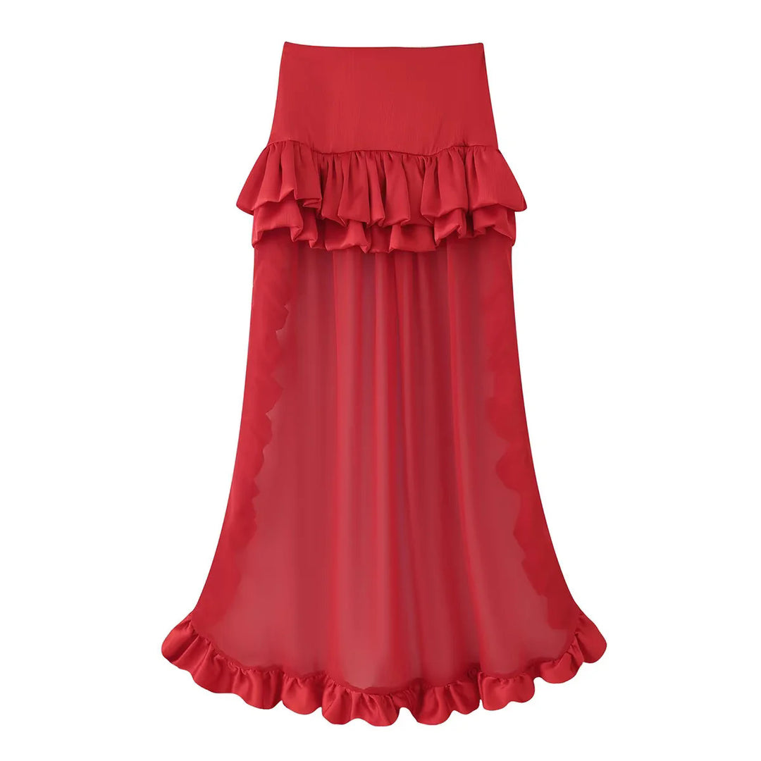 Damen Maxirock mit hoher Taille, mehrlagigen Volants und transparentem Tüll-Overlay – Valéora