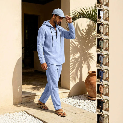 Herren Lässiges Leinen-Look Freizeit-Set mit Kapuzenhemd und weiten Hosen Echoarchiv