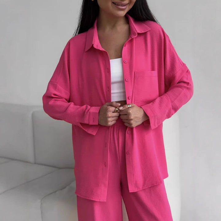Damen Zweiteiliges Lounge-Set Oversize-Bluse mit Brusttasche und weiter Palazzo-Hose Echoarchiv