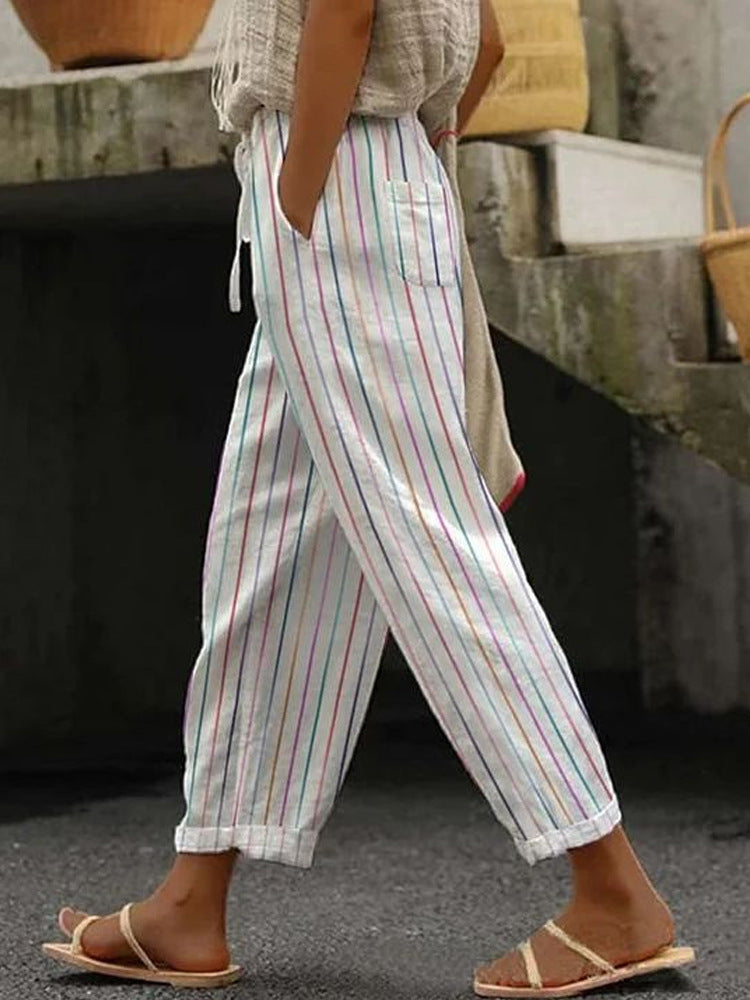 Damen Weite Leinenhose mit handgewebtem Muster Echoarchiv