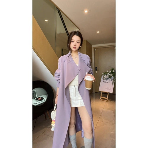 Damen Maxi-Trenchcoat mit Wasserfallkragen und gerafften Ärmeln Echoarchiv