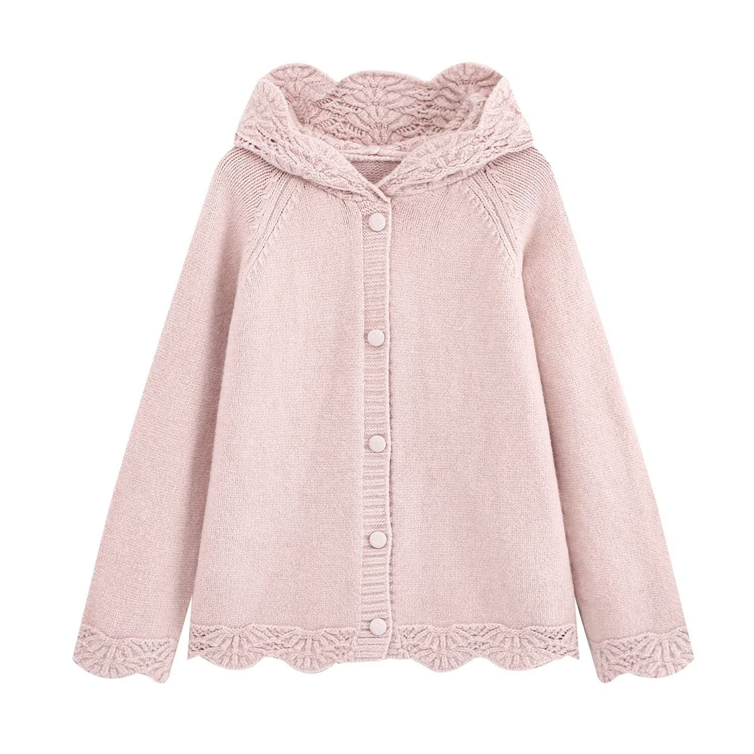 Damen Feinstrick-Cardigan mit Kapuze, Knopfleiste und gehäkelter Borte Echoarchiv