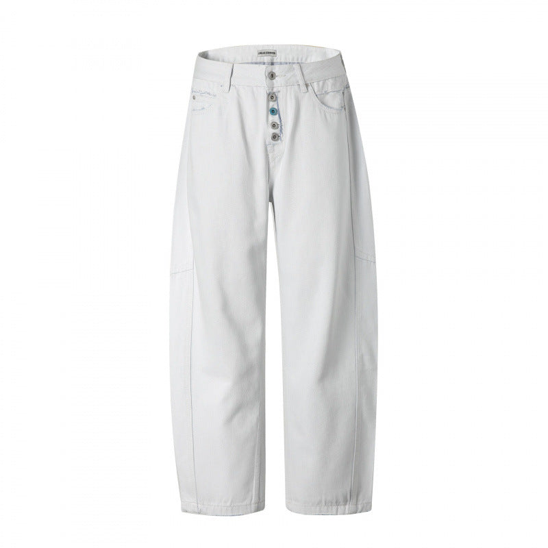 Damen Weite High‑Waist Cropped Jeans mit sichtbarer Knopfleiste, rohem Saum und Utility‑Nähten Echo Archiv