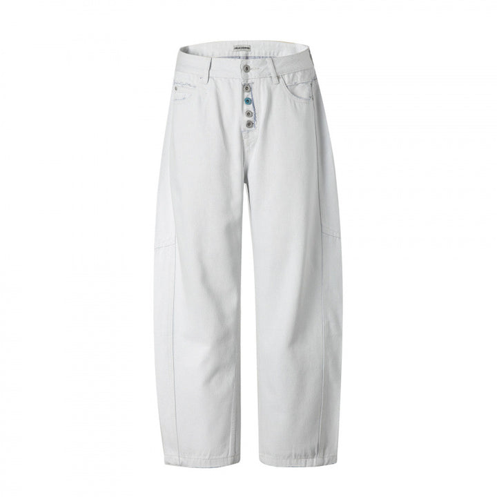 Damen Weite High‑Waist Cropped Jeans mit sichtbarer Knopfleiste, rohem Saum und Utility‑Nähten Echo Archiv
