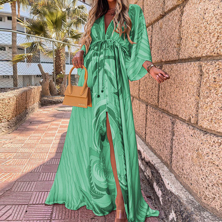 Damen Maxikleid mit tiefem V-Ausschnitt BindEchoarchivand in Empire-Taille Kimonoärmeln und Frontschlitz Echoarchiv
