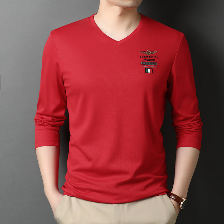Herren V-Ausschnitt Langarmshirt mit eleganter Stickerei Echoarchiv
