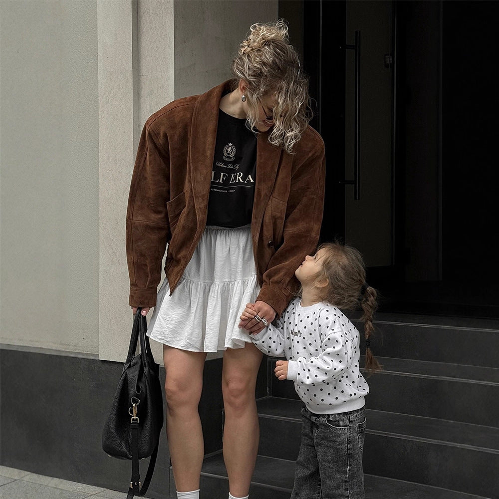 Damen Kurze Veloursleder‑Boxyjacke mit kimonoähnlichem Revers Echoarchiv