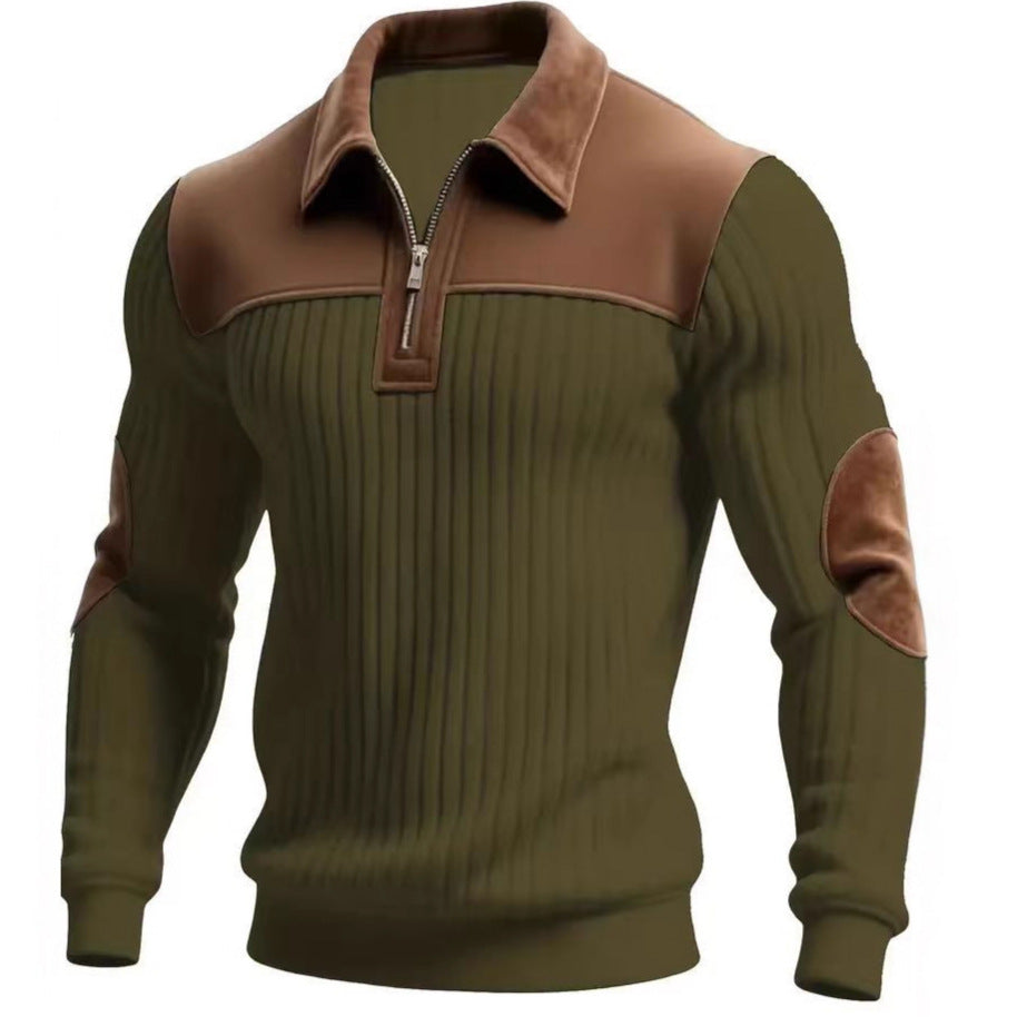 Herren nan gerippter Halbzip-Pullover mit kontrastierenden Lederapplikationen an Schultern und Ellenbogen Echo Archiv