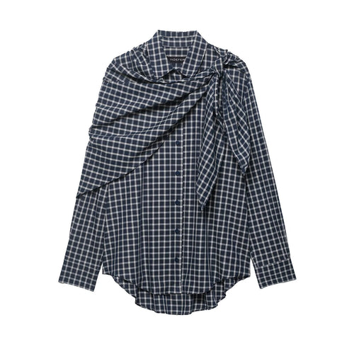 Damen Karierte Bluse mit asymmetrischem Schal‑Drapé und Hemdkragen Echoarchiv