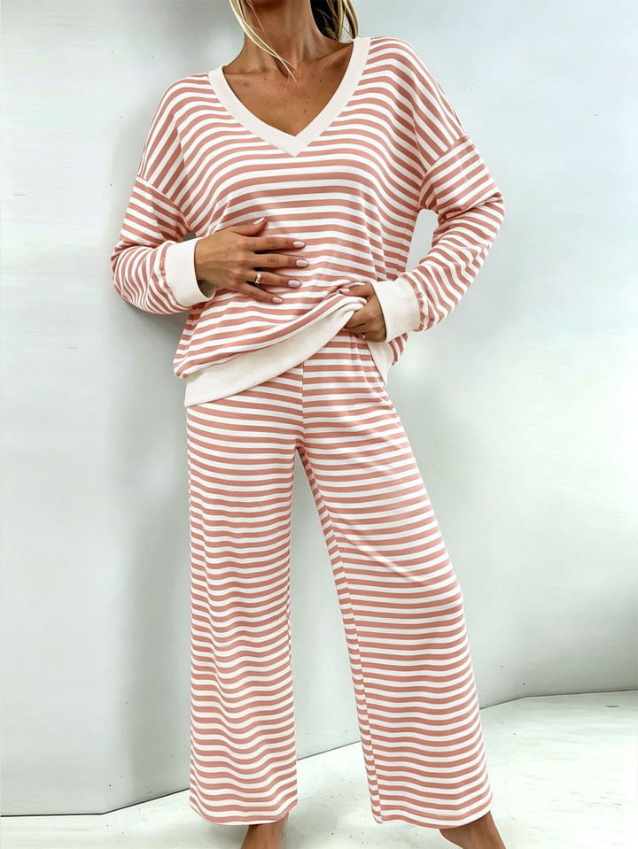 Damen Gestreiftes Lounge-Set mit V-Ausschnitt, Oversize-Pullover und Palazzo-Hose Echoarchiv