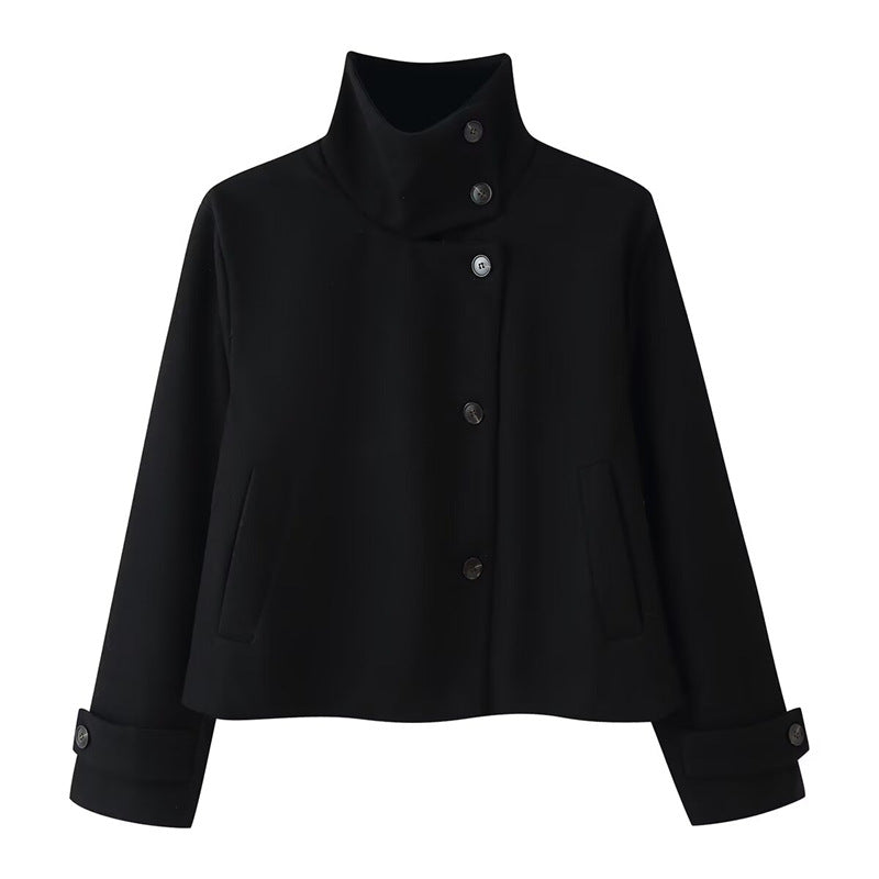 Damen kurze Boxy-Wolljacke mit Stehkragen und Manschetten Echo Archiv