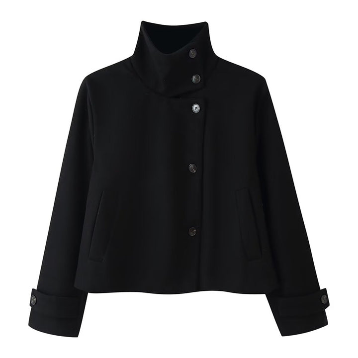 Damen kurze Boxy-Wolljacke mit Stehkragen und Manschetten Echo Archiv