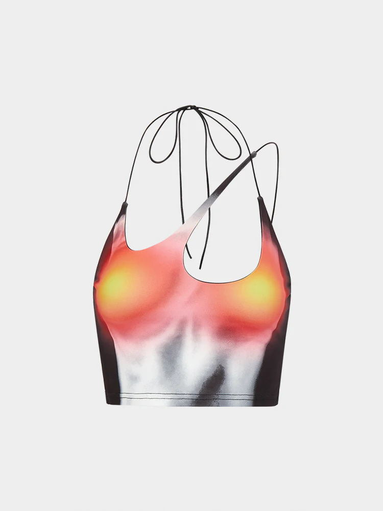 Damen Crop-Top mit asymmetrischem Trägerdesign und lebhaftem Grafikdruck Echo Archiv