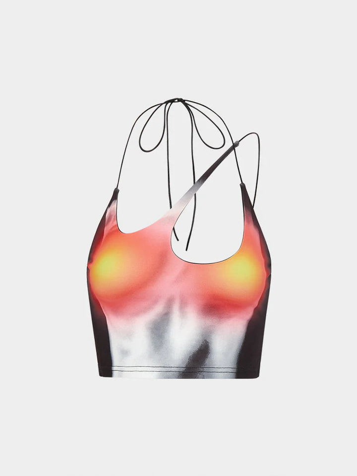 Damen Crop-Top mit asymmetrischem Trägerdesign und lebhaftem Grafikdruck Echo Archiv
