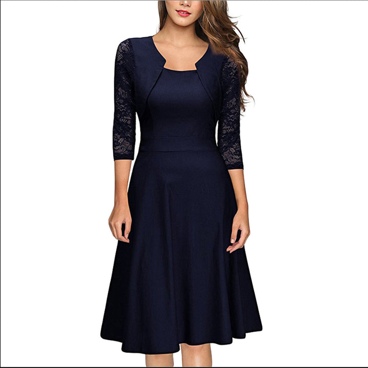 Damen Midi-Kleid mit Spitzenärmeln und schwingendem Rock Echoarchiv
