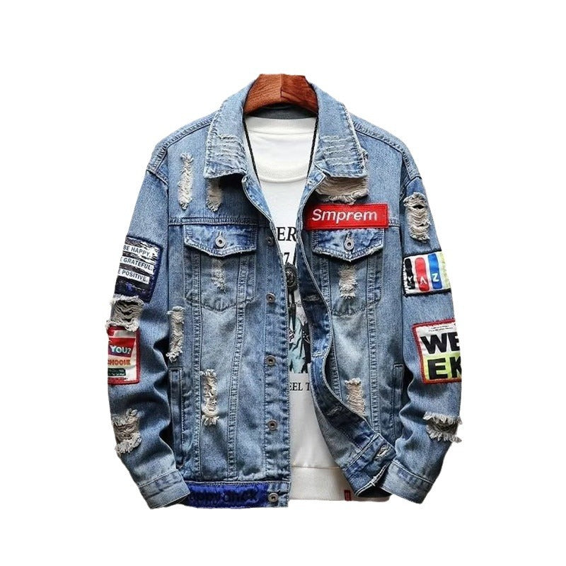 Herren Modische Destroyed Denimjacke mit kreativen Aufnähern Echoarchiv