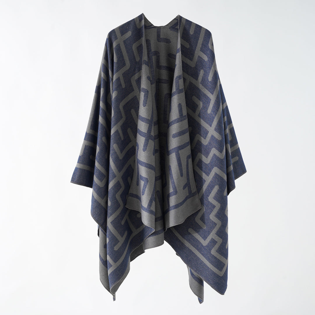 Damen Oversize-Doubleface-Überwurf mit geometrischem Jacquard und offener Front Echo Archiv