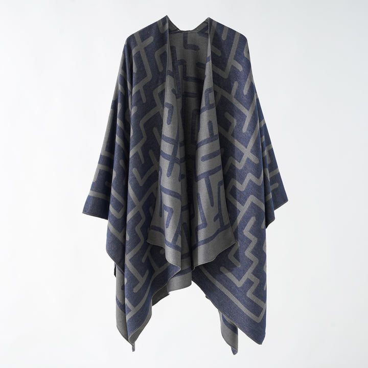 Damen Oversize-Doubleface-Überwurf mit geometrischem Jacquard und offener Front Echo Archiv