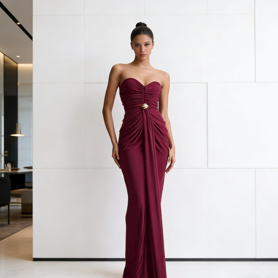 Damen Elegantes Drapeekleid mit schulterfreiem Design und kunstvollem Bund Echo Archiv