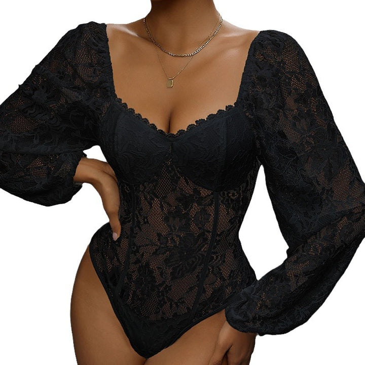 Damen Spitzen-Corsage mit Herzausschnitt, integrierten Cups und transparenten Puffärmeln Echoarchiv