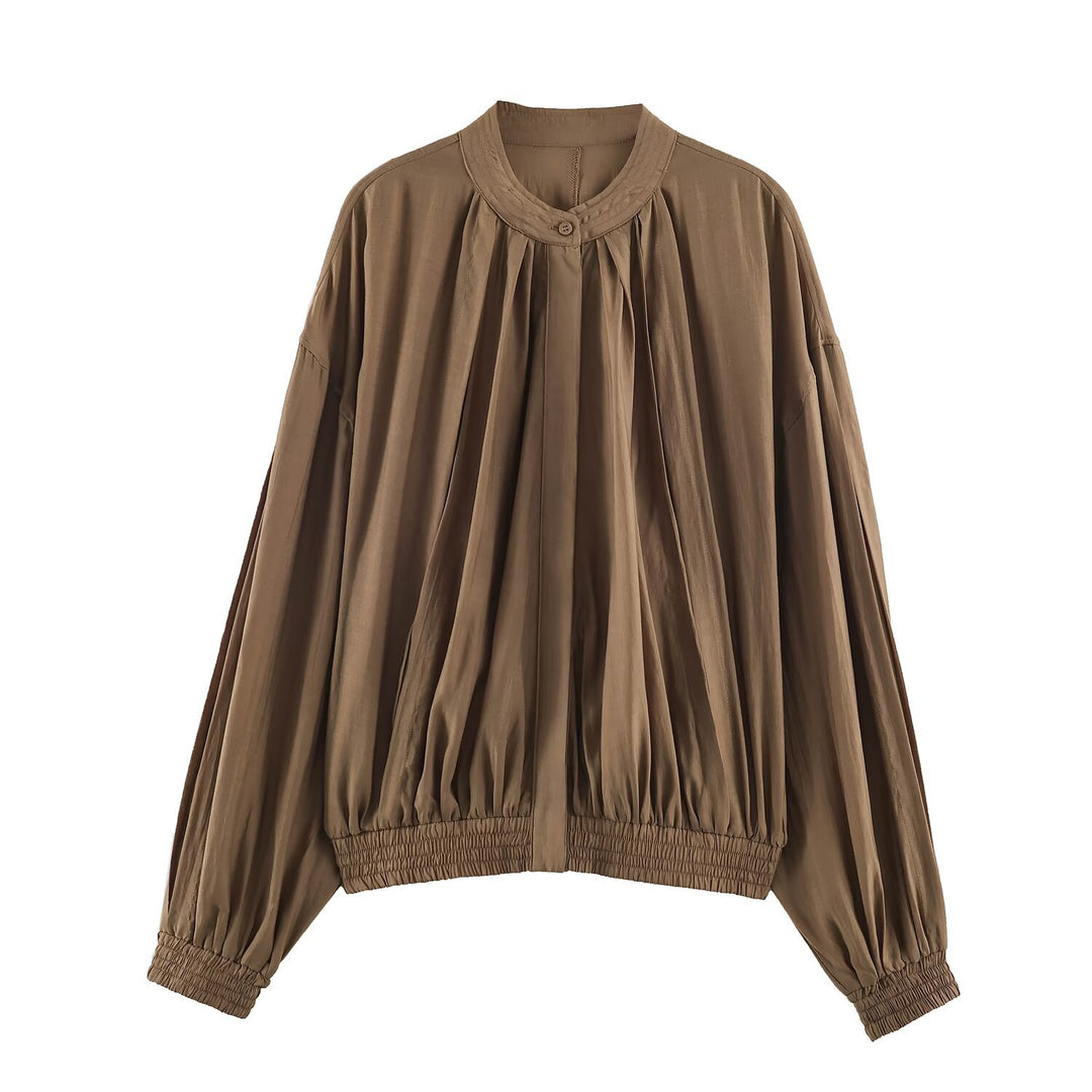 Damen Weites Plissiertes Blouson-Top mit Stehkragen und gesmoktem Saum Echo Archiv