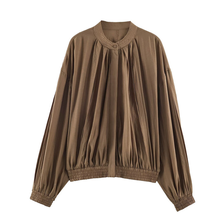 Damen Weites Plissiertes Blouson-Top mit Stehkragen und gesmoktem Saum Echo Archiv