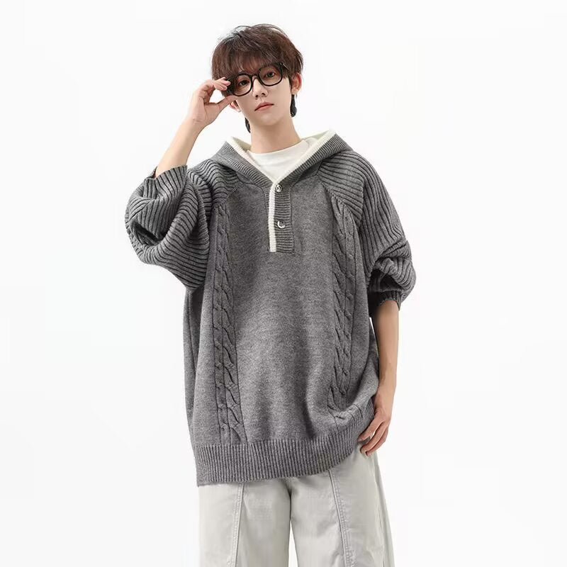 Herren Grobstrickpullover mit Kapuze und Knopfleiste Echoarchiv