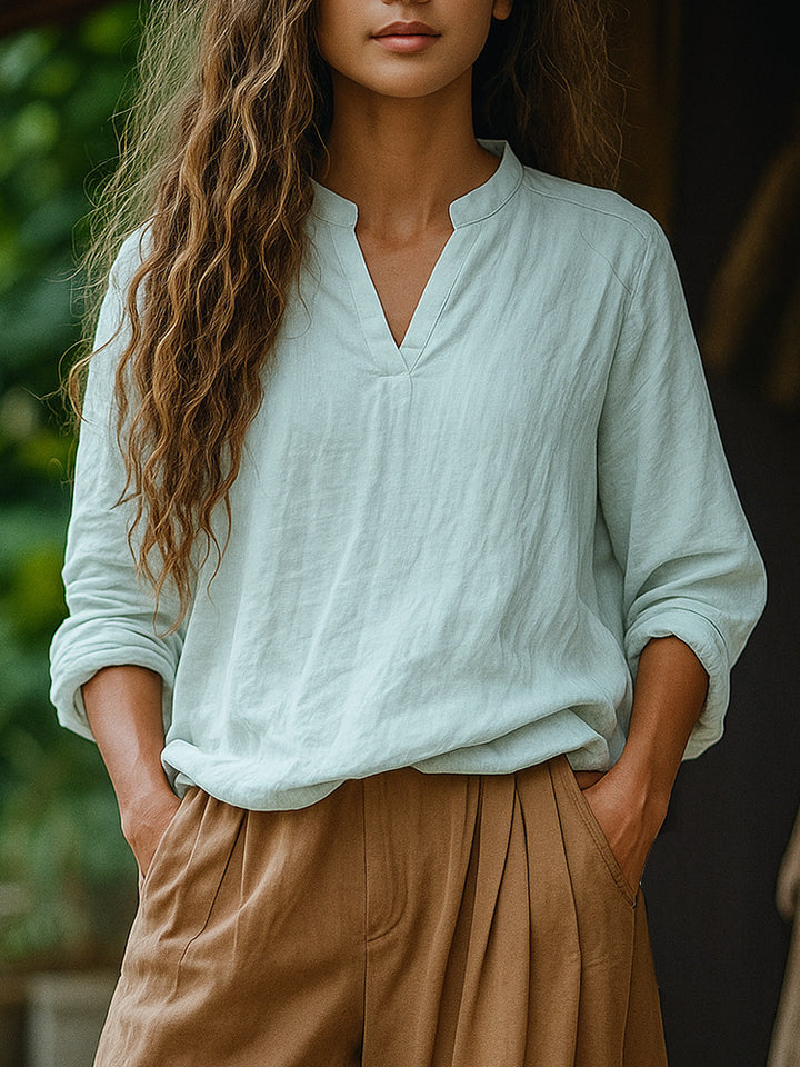 Damen Casual Tunika-Bluse in Leinenoptik mit kleinem Stehkragen und V‑Schlitz – Élovi