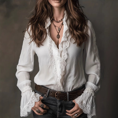 Damen elegante Bluse mit Rüschendetails und Spitzenbesatz Echo Archiv
