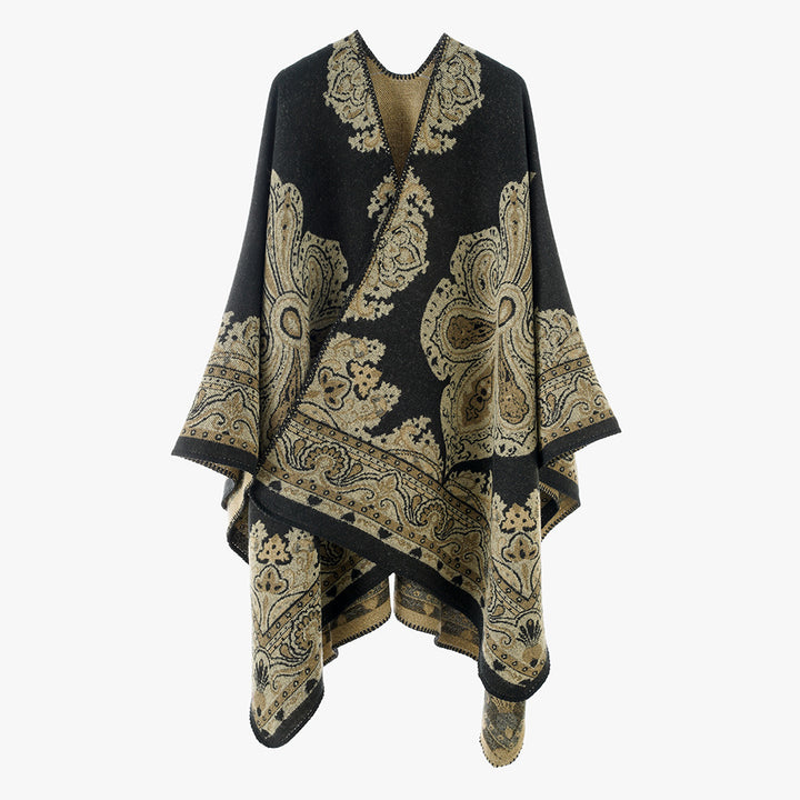 Damen Oversize-Orientalischer Jacquard-Überwurf mit Paisley‑Medaillon und Zierstich – Avérine