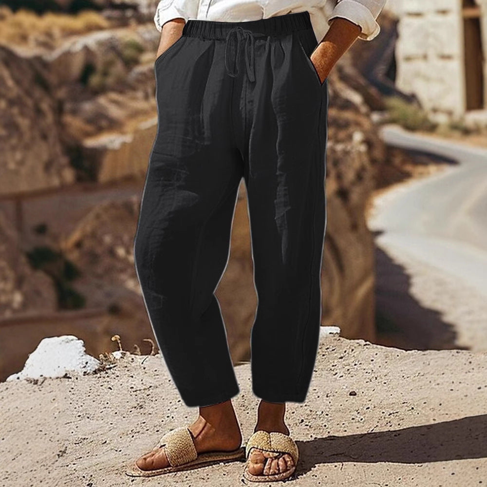 Damen Casual-Chino Leinenoptik Culotte mit elastischem Tunnelzugbund und Eingrifftaschen – Avélisse