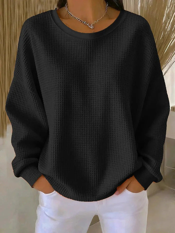 Damen Oversize Waffelstrick-Sweatshirt mit Rundhalsausschnitt Echoarchiv