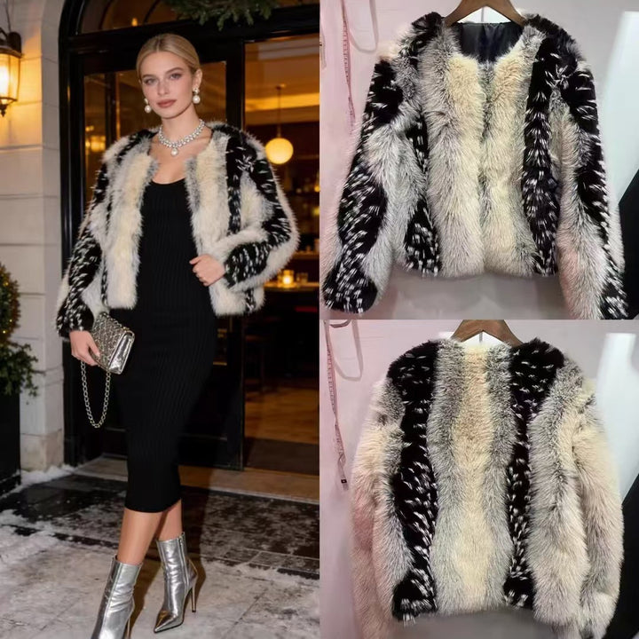 Damen nan kurze Kunstpelzjacke mit kontrastierenden Längsbesätzen und Rundhalsausschnitt Echo Archiv