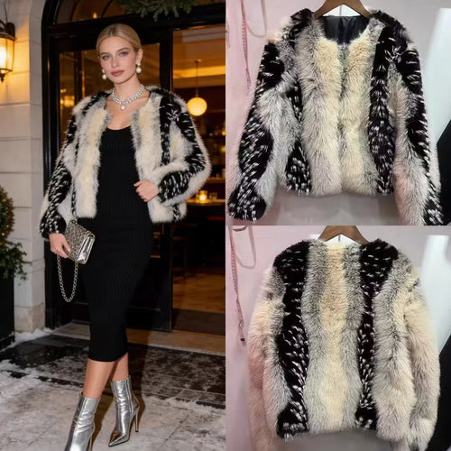 Damen nan kurze Kunstpelzjacke mit kontrastierenden Längsbesätzen und Rundhalsausschnitt Echo Archiv