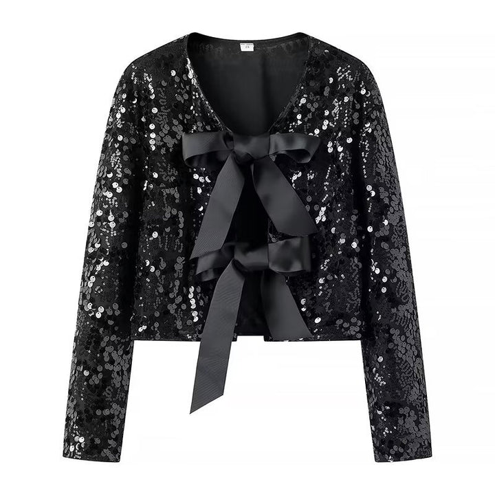 Damen Pailletten-Bolerojacke mit doppelt gebundenen Satin‑Schleifen und kurzer Cropped‑Silhouette – Célinea