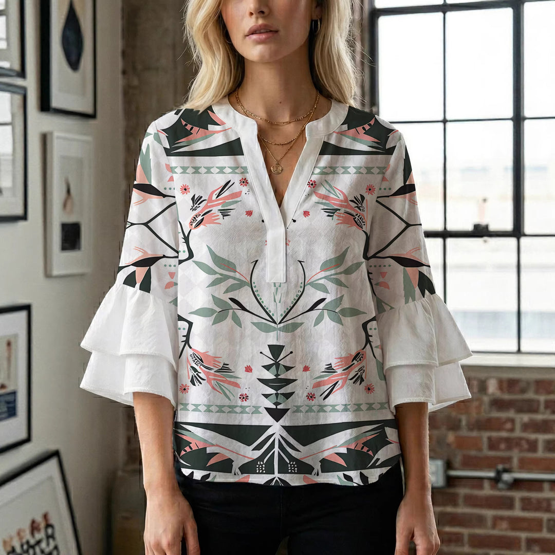 Damen lässige Bluse mit Volantärmeln und botanischem Druck Echo Archiv