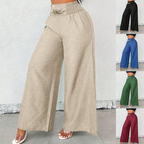 Damen Weite Leinenoptik-Hose mit hohem Smokbund und dekorativer Kettenapplikation – Avélisse